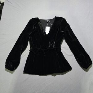 J.Crew Velvet Women‎ 4 Black V-Neck Long Sleeve Tie Waist Peplum Blouse